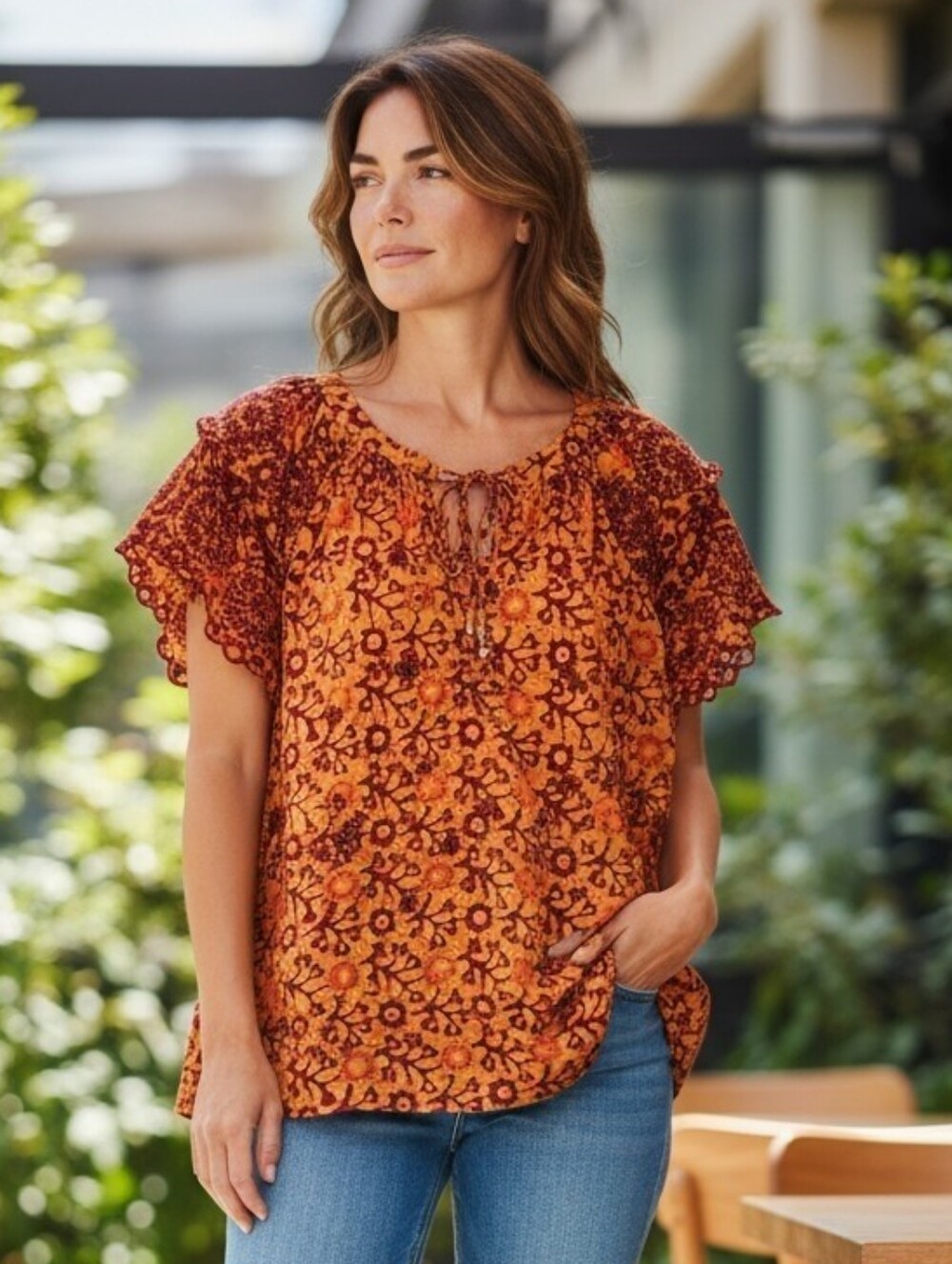 Jennifer & Grace Cotton Tie-Neck Floral Blouse in Rust and Burgundy
